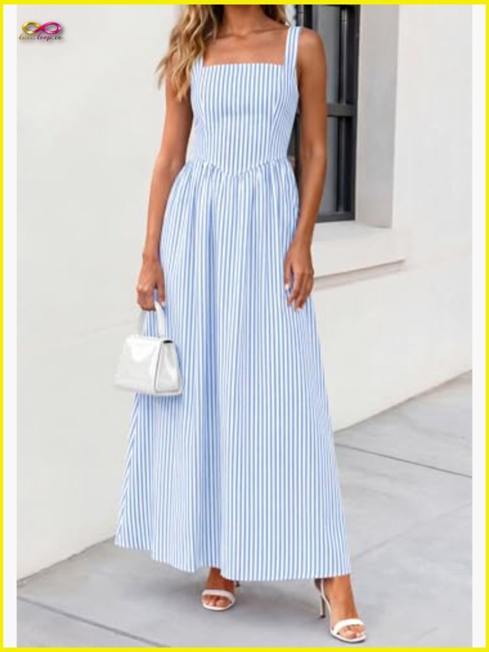 Striped Maxi Dress Smocked A-Line Flowy Beach Vacation Party Square Neck - Picture 6 of 7